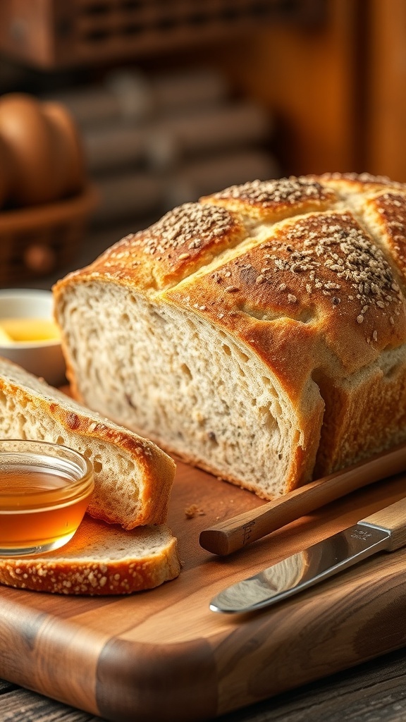 Whole Wheat Bread Machine Recipe Freshly baked whole wheat bread loaf sliced on a wooden board with honey.